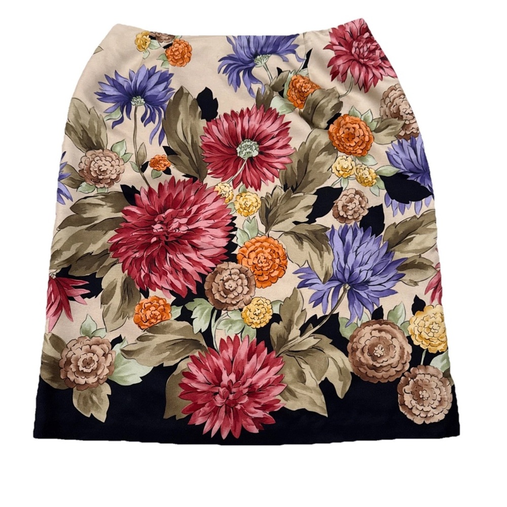 Talbots Floral Midi Pencil Skirt in Beige with Red, Purple and Orange Blooms